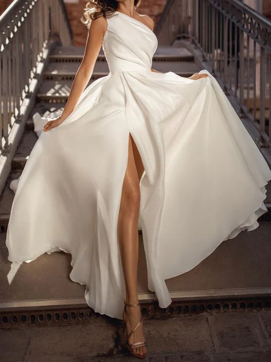 A-Line/Princess One-Shoulder Floor-Length Split Fork Wedding Dress With Split Side