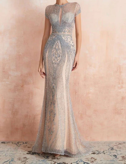 Gorgeous  Cap Sleeve Beaded Mermaid Dress