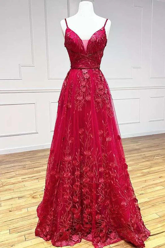 Floral Lace V-Neck Lace-Up A-Line Prom Dress