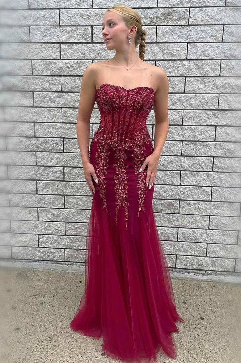 Tulle Beaded Strapless Mermaid Long Formal Dress