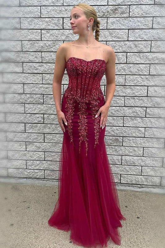 Tulle Beaded Strapless Mermaid Long Formal Dress
