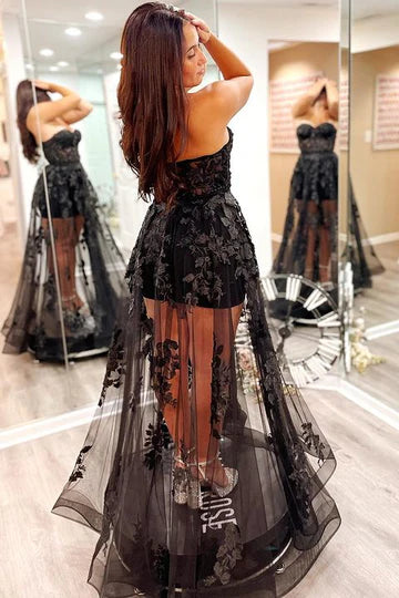 Sheer Mesh 3D Floral Lace Strapless A-Line Prom Dress