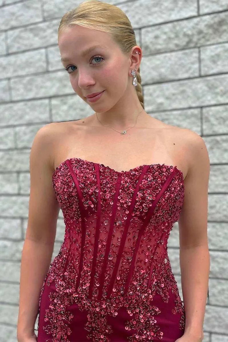 Tulle Beaded Strapless Mermaid Long Formal Dress
