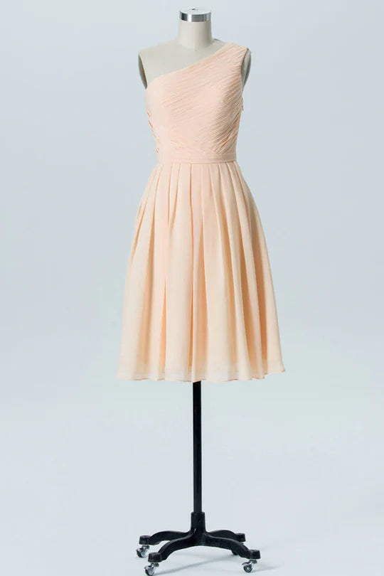 Light Orange One-Shoulder Chiffon Pleats Short Bridesmaid Dress