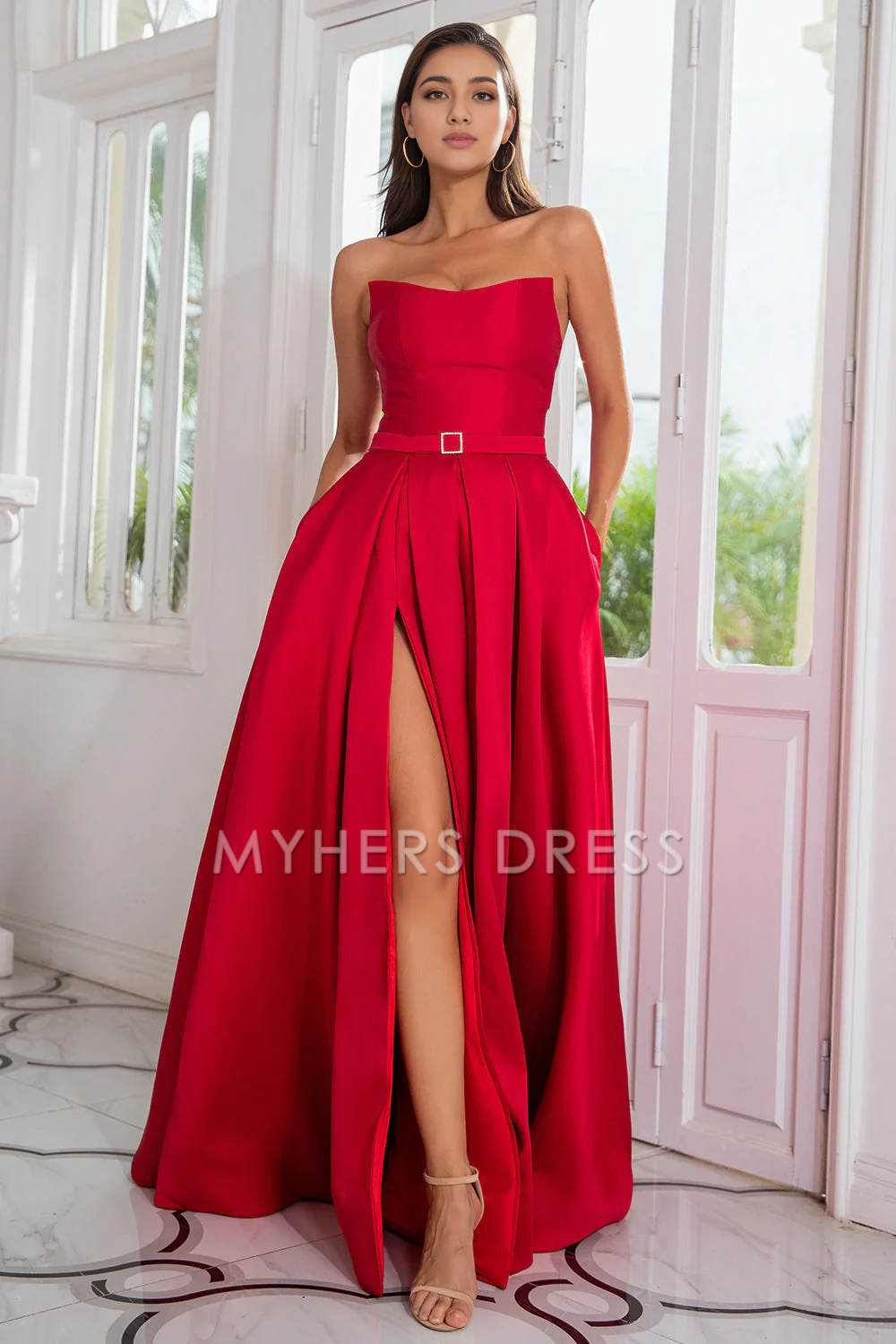 My Hers Ladies Formal Dress Elegant A Line Strapless Backless With Split Front Long Prom Dress