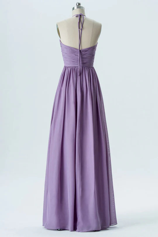 Lavender Chiffon Pleats Off-the-Shoulder Sweetheart Halter Bridesmaid Dress