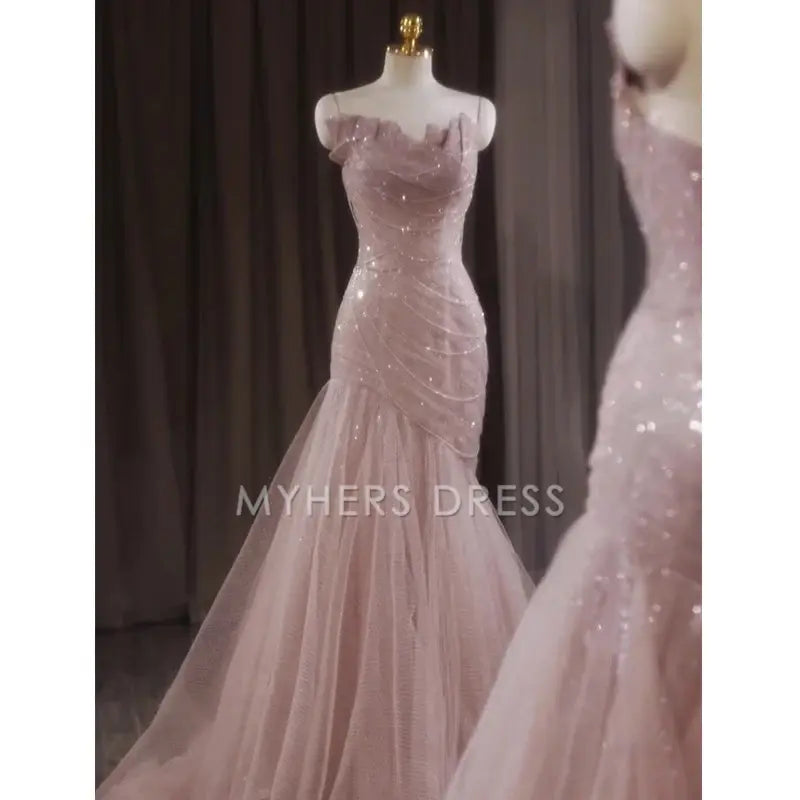 My Hers Prom Dress Shiny Tulle Mermaid Spaghetti Strap Sleeveless Fairy Fantastic Ladies Formal Dress