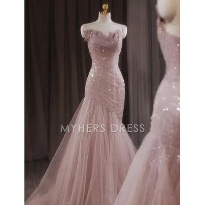 My Hers Prom Dress Shiny Tulle Mermaid Spaghetti Strap Sleeveless Fairy Fantastic Ladies Formal Dress