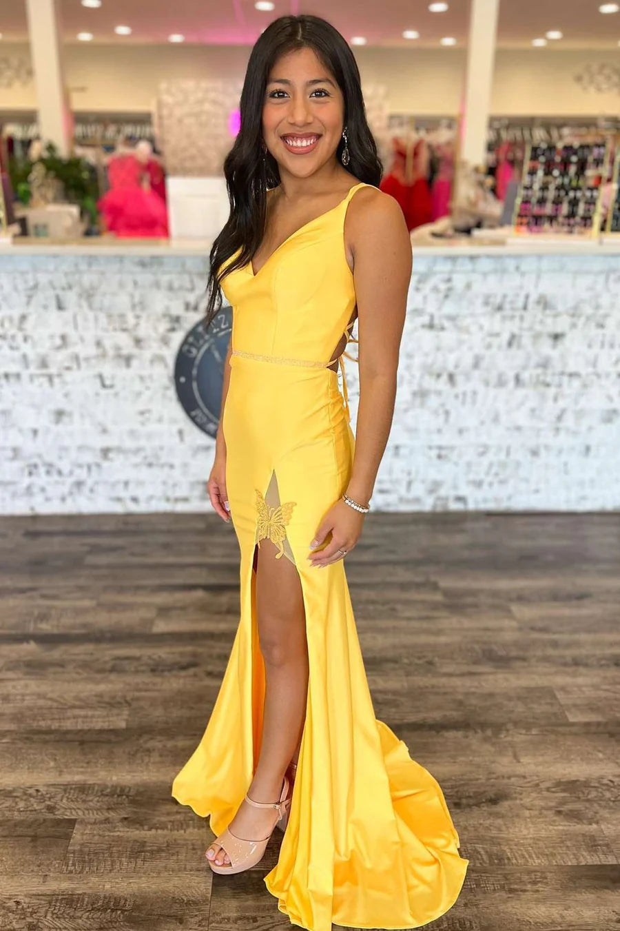 V-Neck Lace-Up Long Prom Dress with Butterfly