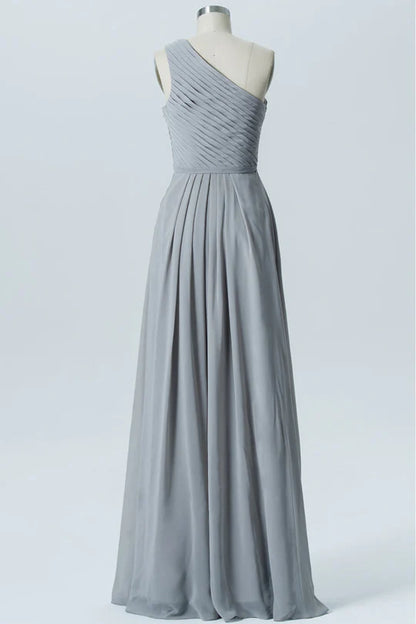 Grey Chiffon One-Shoulder Sleeveless Pleats Long Bridesmaid Dress