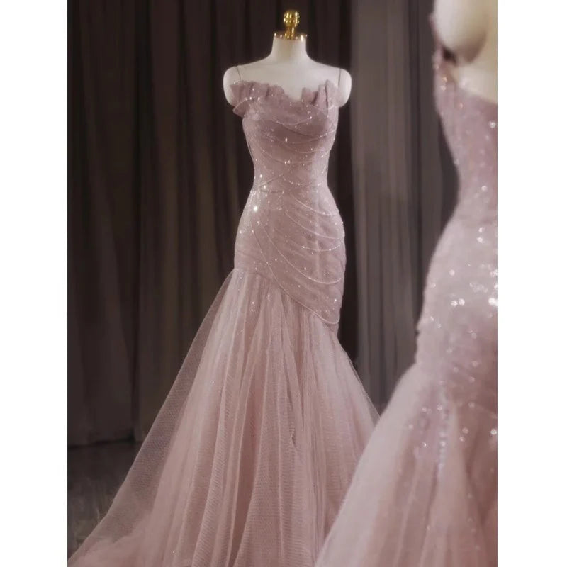 My Hers Prom Dress Shiny Tulle Mermaid Spaghetti Strap Sleeveless Fairy Fantastic Ladies Formal Dress