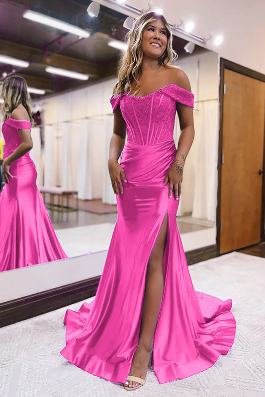 Fuchsia Mermaid Off The Shoulder Court Train Lace-Up Back Long Dress With Split