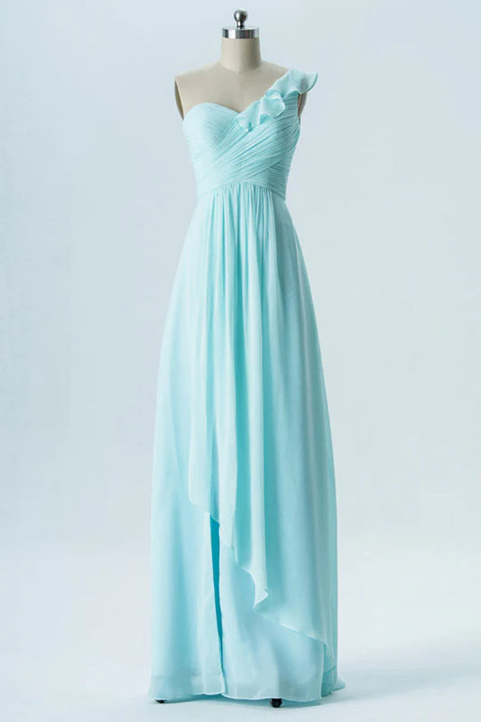 Light Blue Chiffon A-Line One-Shoulder Ruffled Bridesmaid Dress