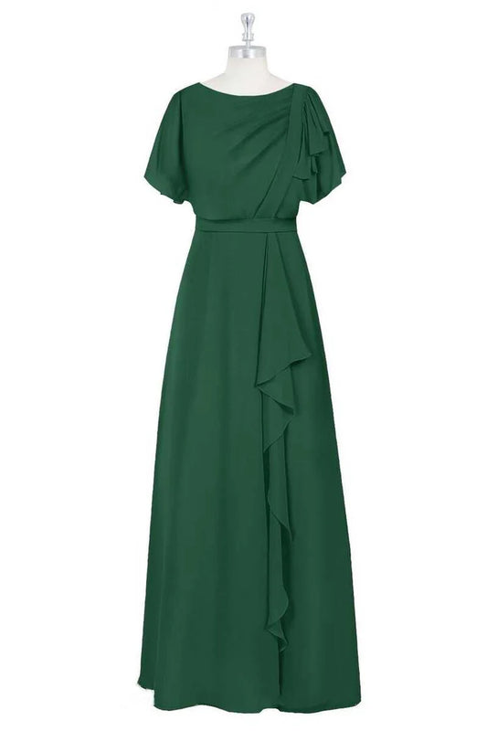 Green Crew Neck Chiffon Short Sleeve Ruffled A-Line Bridesmaid Dress