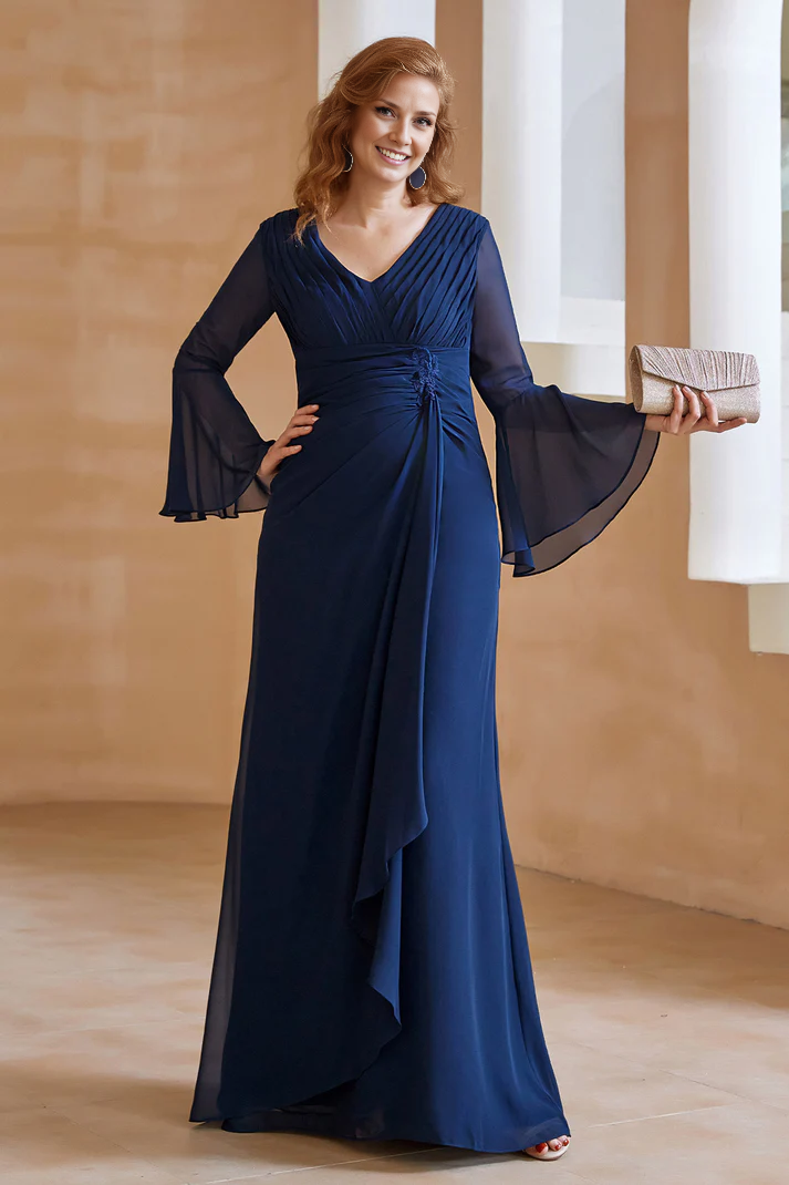 Fall Wedding Guest Dress November Mother of the Bride Dress Wrinkle V Neck Long Sleeves Chiffon Fashion Dress