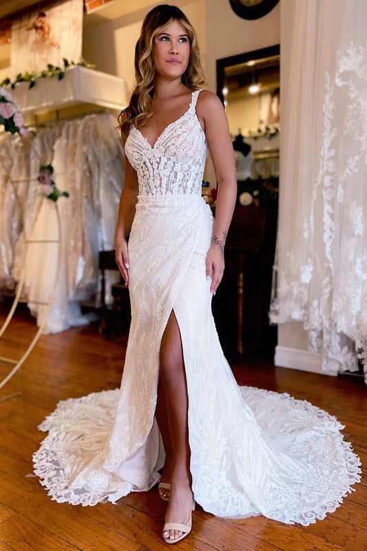 White Lace V-Neck Queen Anne Mermaid Mopping The Floor Long Wedding Dress with Slit