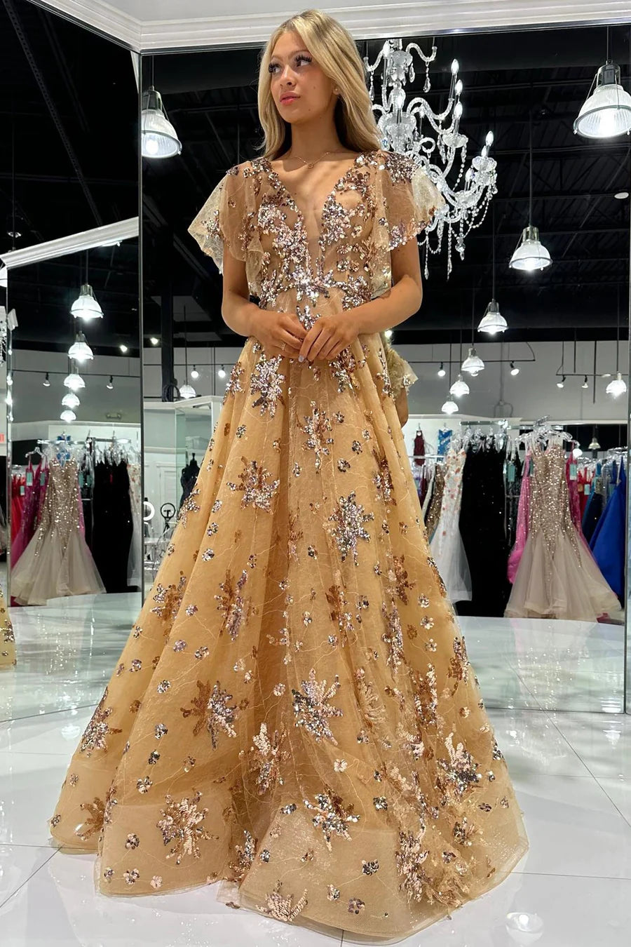 Tulle Sequin Appliques Flutter Sleeve Long Prom Dress
