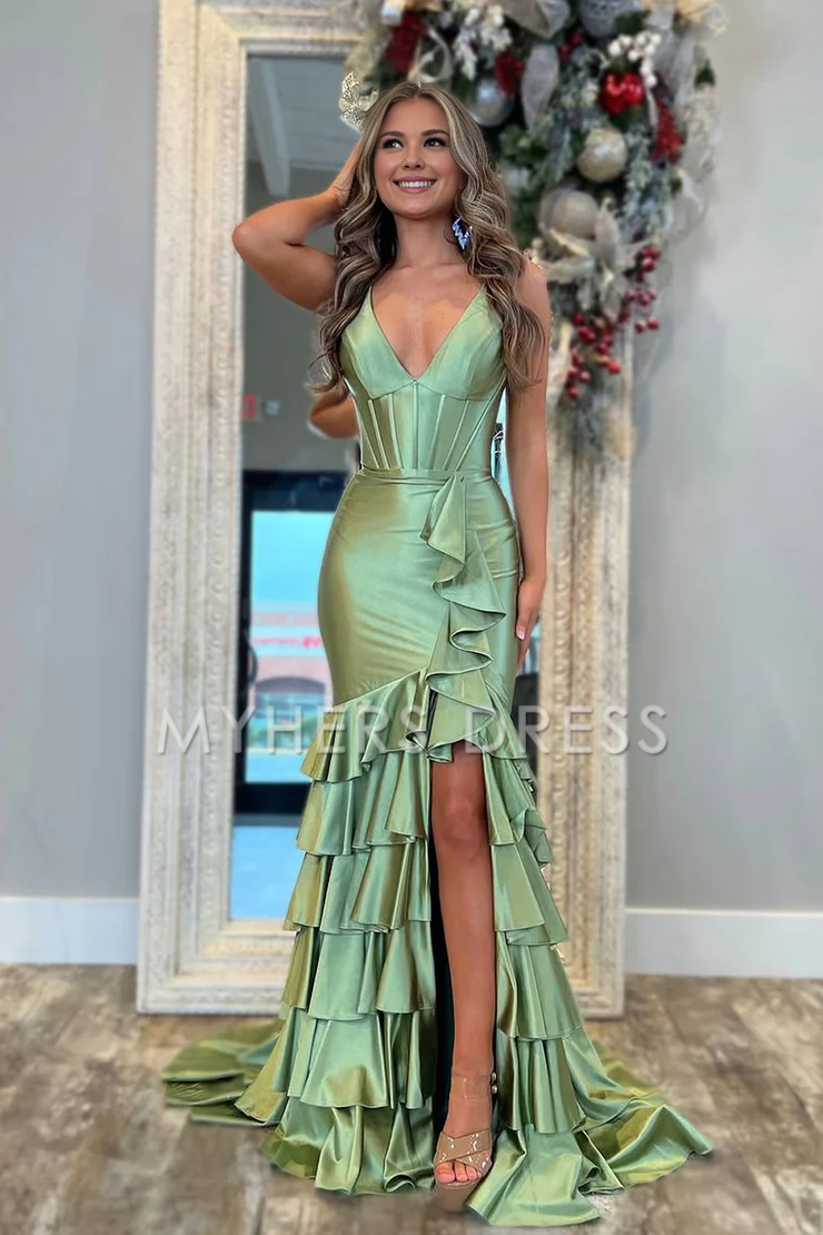 My Hers Ladies Formal Dress Cute Mermaid V Neck Spaghetti Strap Satin Tiers Long With Slit Fashion Prom Dress