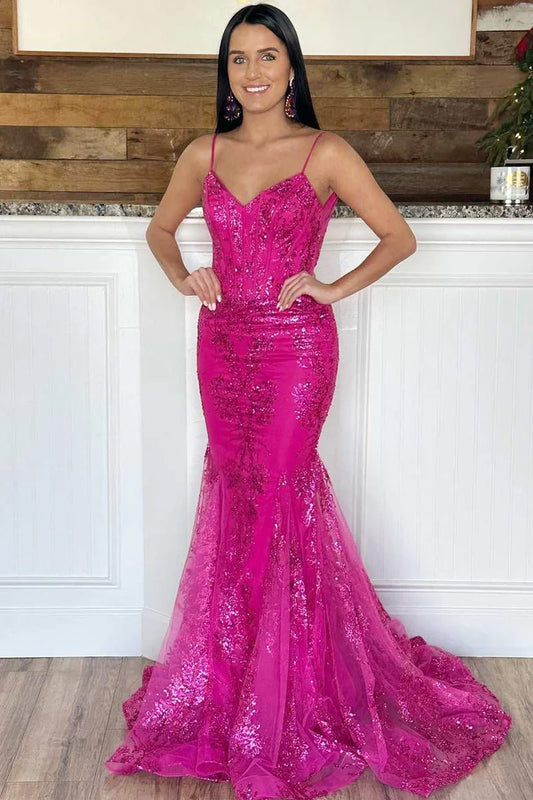Glitter Magenta Appliques V-Neck Mermaid Long Prom Dress