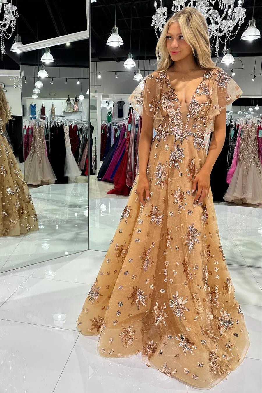Tulle Sequin Appliques Flutter Sleeve Long Prom Dress