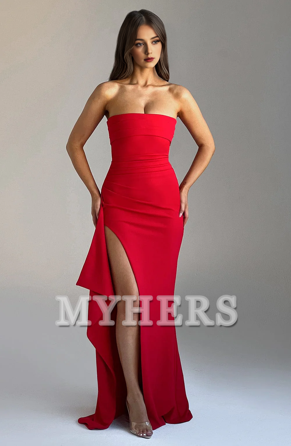 Strapless Ruched Thigh high split Exquisite Dresses Bridesmaid Dresses Wedding Guests Dresses