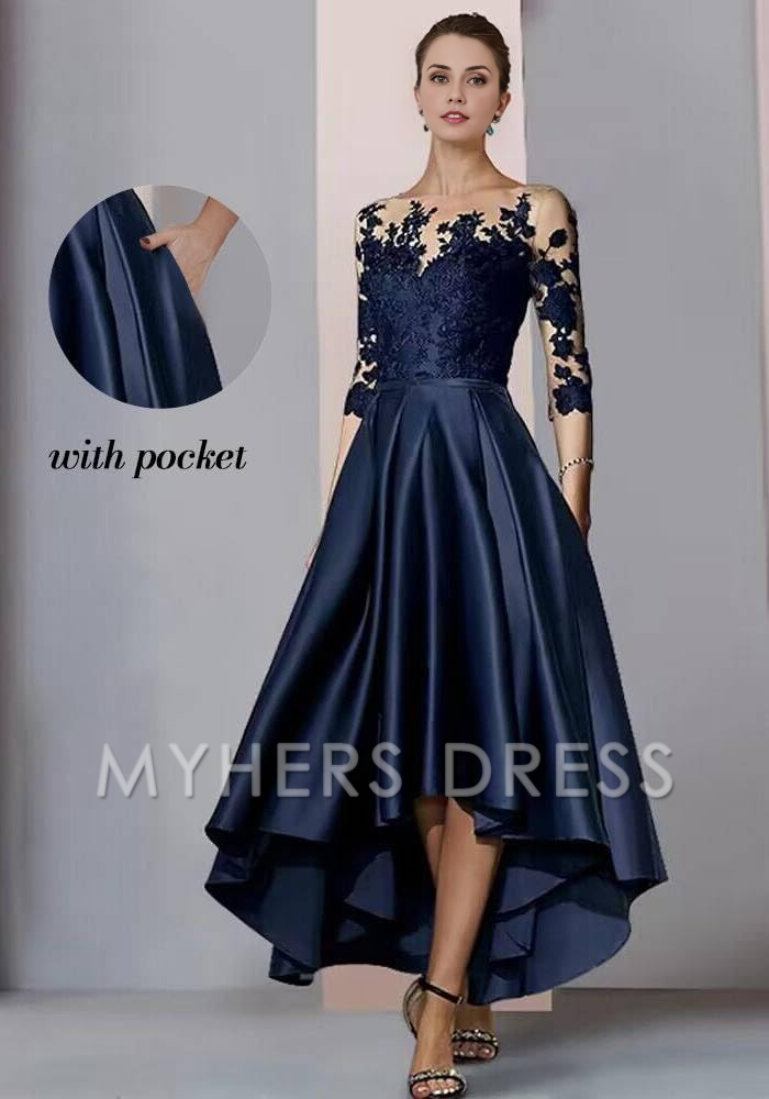 My Hers New Product Mother of The Bride Dress High Low with Pockets Lace Appliques Satin Elegant Dresses Wedding Guests Dresses
