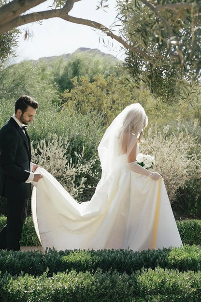 A-Line Strapless Off-the-Shoulder Satin Floor-Length Wedding Dresses with Train