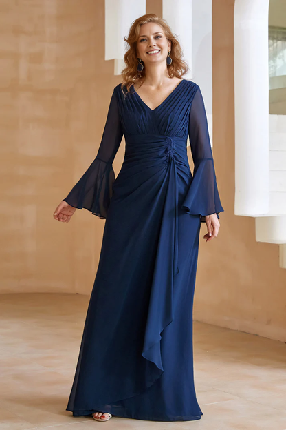 Fall Wedding Guest Dress November Mother of the Bride Dress Wrinkle V Neck Long Sleeves Chiffon Fashion Dress