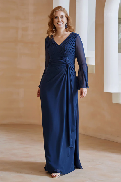 Fall Wedding Guest Dress November Mother of the Bride Dress Wrinkle V Neck Long Sleeves Chiffon Fashion Dress