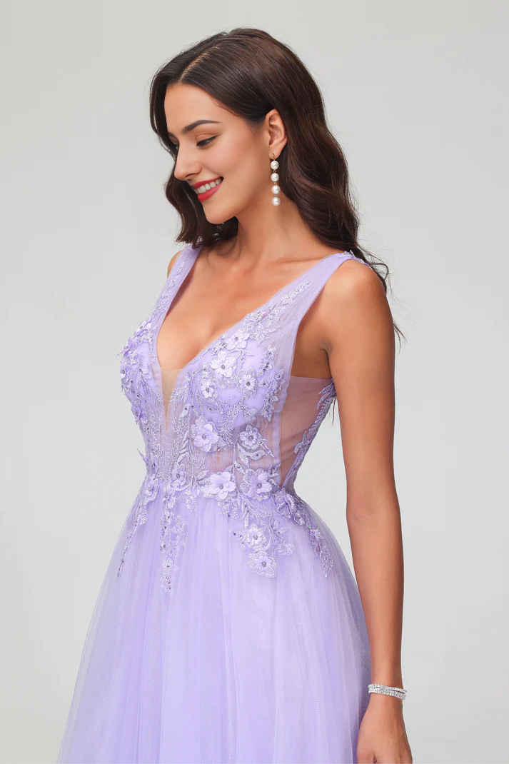 Prom Dresses A-Line V-neck Sleeveless Applique Beaded Tulle Floor-Length Formal Women's Dresses