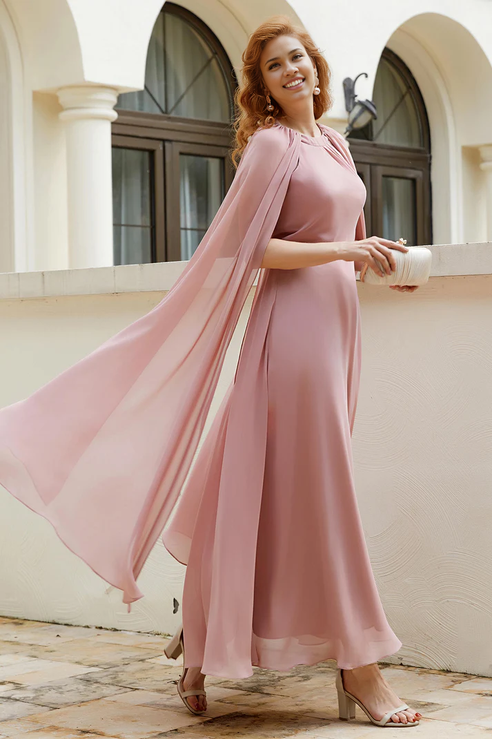 Fall Wedding Guest Dress November Mother of the Bride Dress A-Line Chiffon Cloak Round Neck Long Elegant Dress