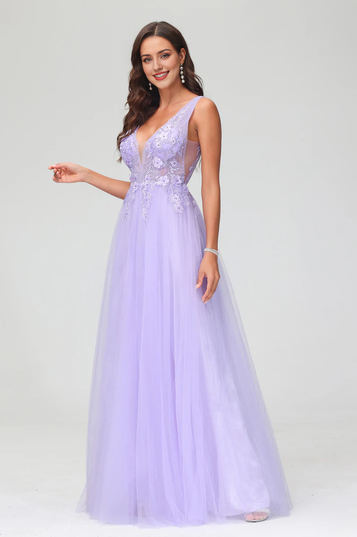 Prom Dresses A-Line V-neck Sleeveless Applique Beaded Tulle Floor-Length Formal Women's Dresses