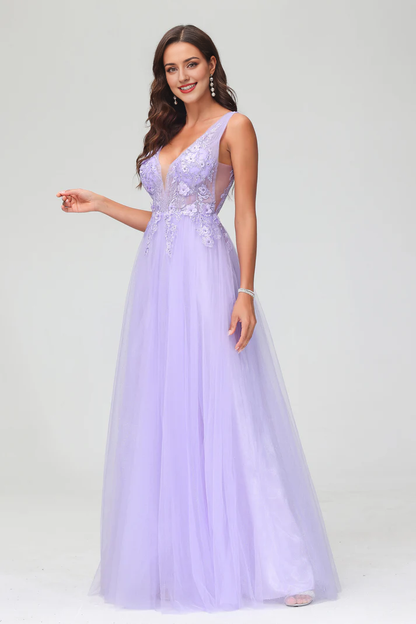 Prom Dresses A-Line V-neck Sleeveless Applique Beaded Tulle Floor-Length Formal Women's Dresses