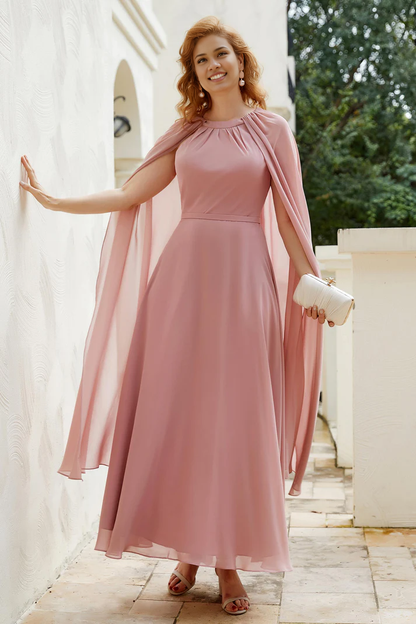 Fall Wedding Guest Dress November Mother of the Bride Dress A-Line Chiffon Cloak Round Neck Long Elegant Dress