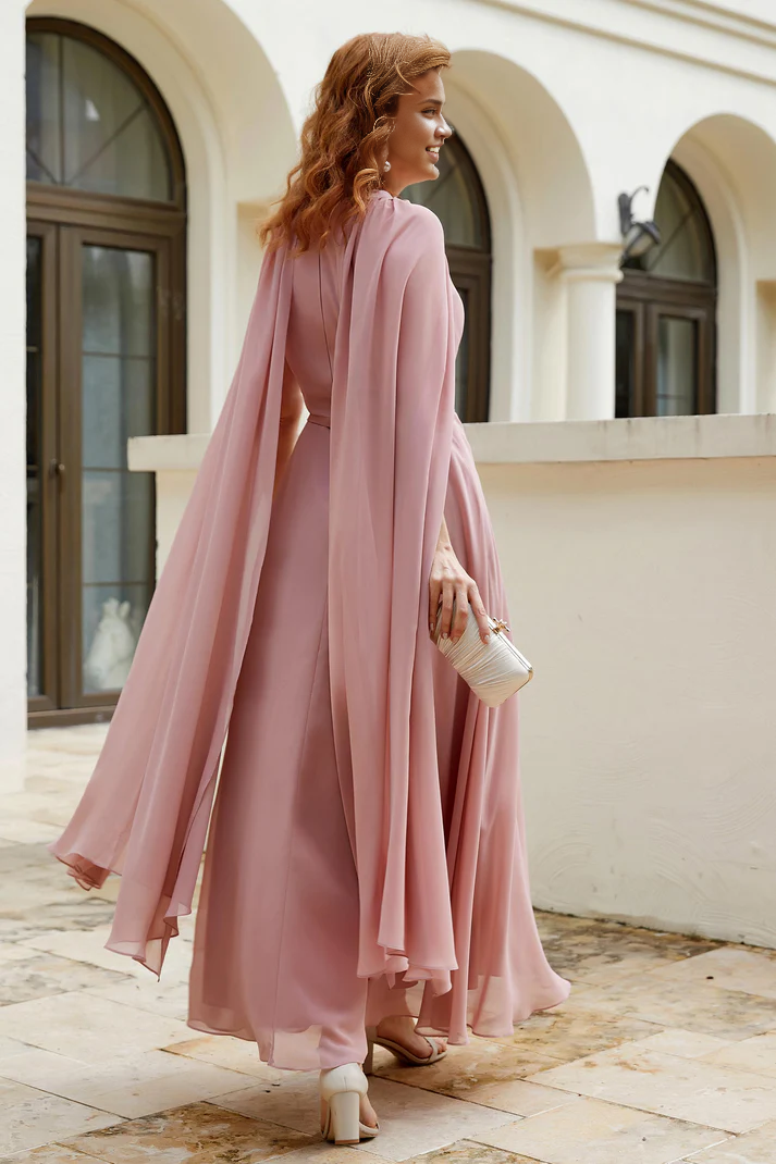 Fall Wedding Guest Dress November Mother of the Bride Dress A-Line Chiffon Cloak Round Neck Long Elegant Dress