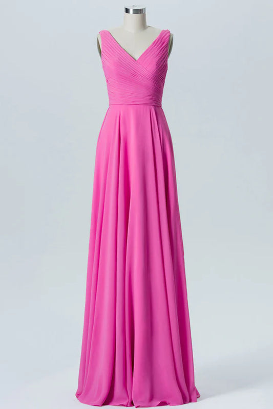 Hot Pink  V-Neck Chiffon Sleeveless Bow Back Bridesmaid Dress