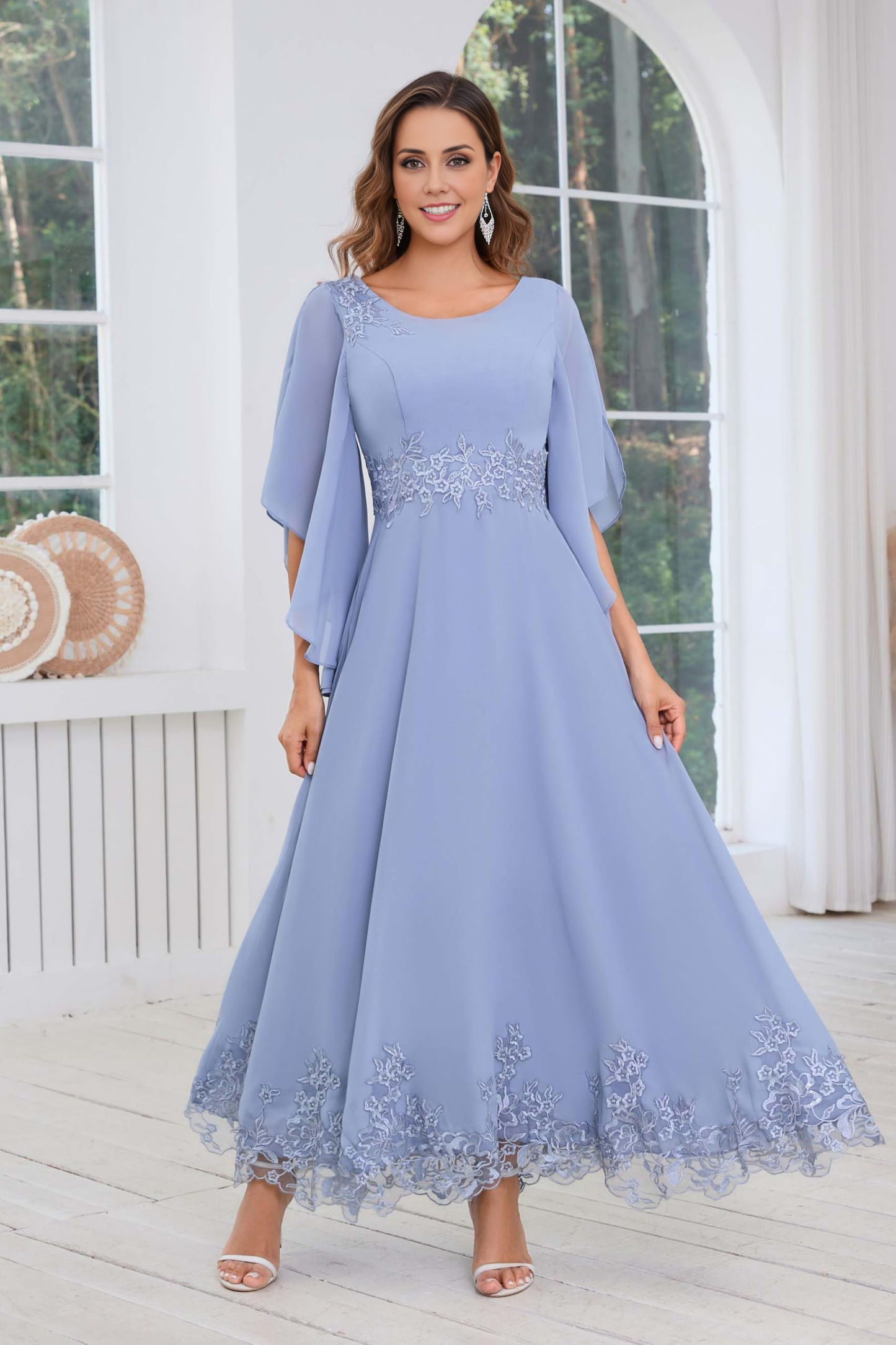 My Hers New Product Mother of The Bride Dress A Line Chiffon Ankle Length Flutter Sleeve Lace Applique Dresses Wedding Guests Dresses