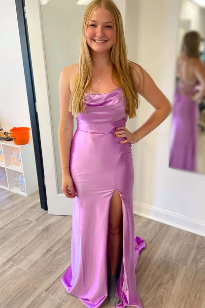 Satin Cowl Neck Lace-Up Back Long Prom Dress with Slit