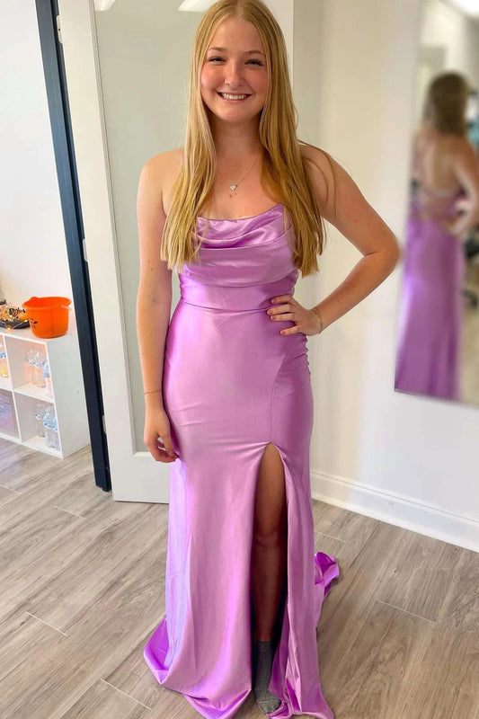 Satin Cowl Neck Lace-Up Back Long Prom Dress with Slit