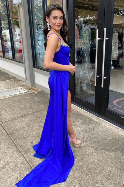 Beaded Queen Anne Neck Straps Long Formal Gown with Attached Train