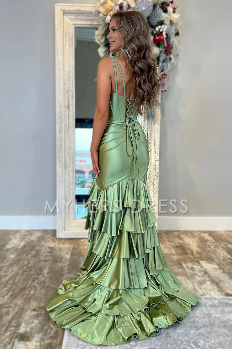 My Hers Ladies Formal Dress Cute Mermaid V Neck Spaghetti Strap Satin Tiers Long With Slit Fashion Prom Dress