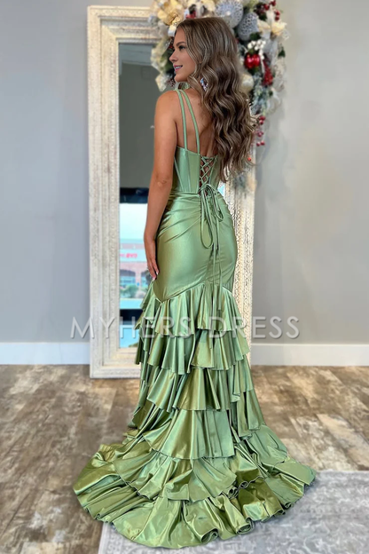 My Hers Ladies Formal Dress Cute Mermaid V Neck Spaghetti Strap Satin Tiers Long With Slit Fashion Prom Dress