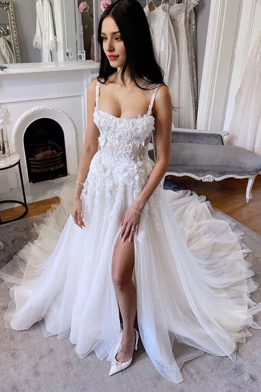 Fairy A Line Scoop Neck Spaghetti Strap Tulle Split Fork Long Wedding Dresses with Lace