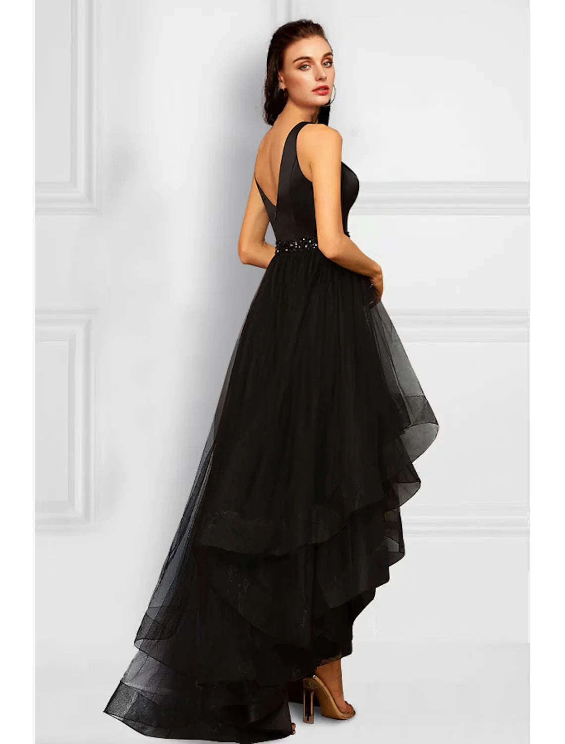 A-Line Cocktail Dresses Elegant Dress Party Wear Asymmetrical Sleeveless V Neck Organza with Rhinestone Ruffles