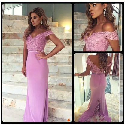 Sheath Mermaid Off The Shoulder  Purple Lace Prom Dresses Formal Dresses Bridesmaid Dresses With Slit