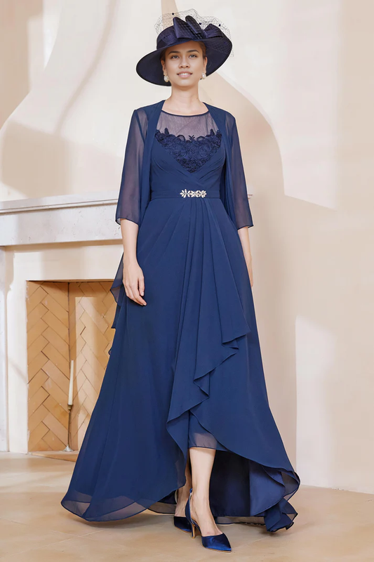 Fall Wedding Guest Dress November Mother of the Bride Dress A-Line Lace with Jacket Irregular Chiffon Temperament Dress