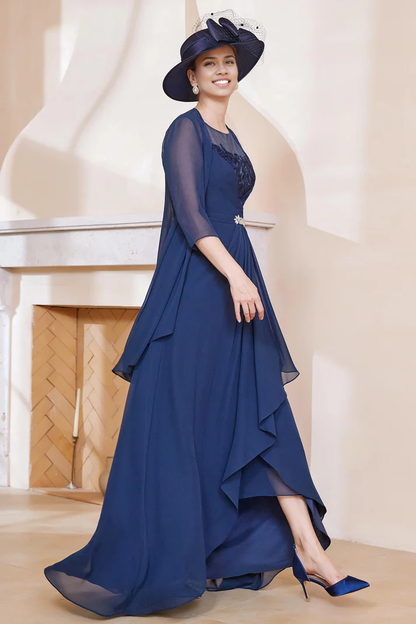 Fall Wedding Guest Dress November Mother of the Bride Dress A-Line Lace with Jacket Irregular Chiffon Temperament Dress