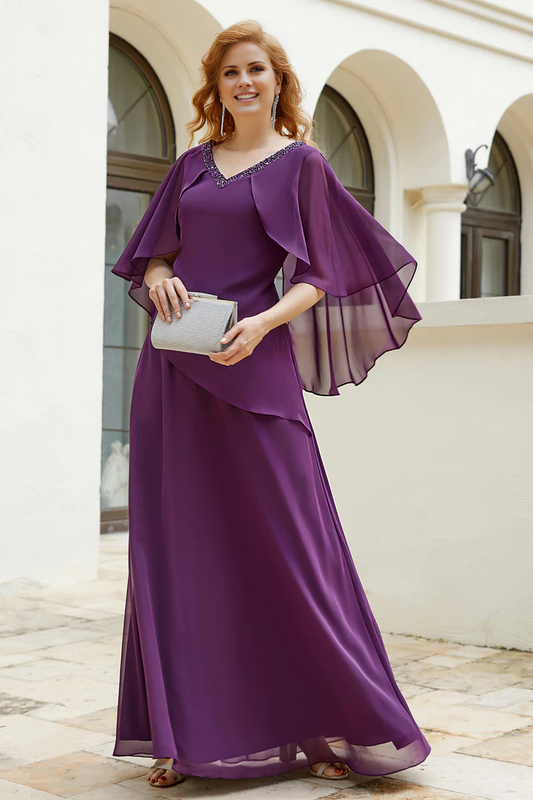 Fall Wedding Guest Dress November Mother of the Bride Dress Bead string V-neck Flutter Sleeves Long Chiffon Irregular Simple Elegant Dress