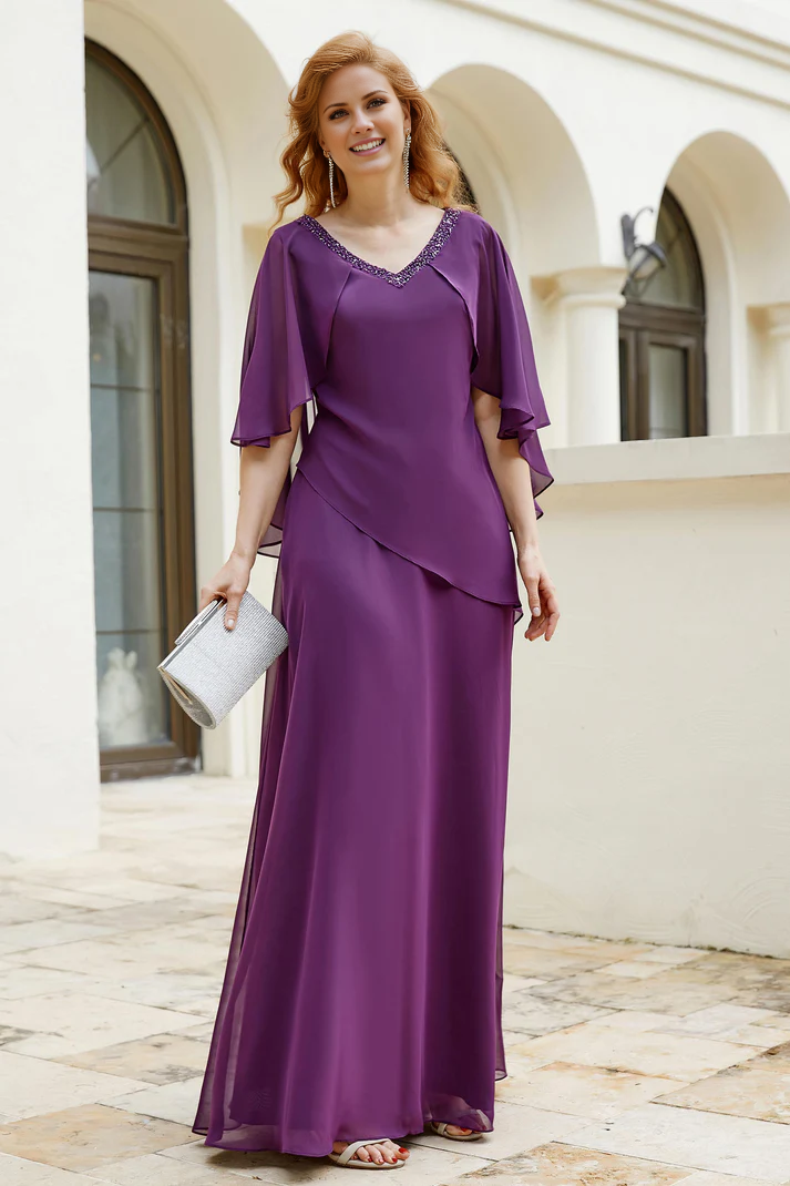 Fall Wedding Guest Dress November Mother of the Bride Dress Bead string V-neck Flutter Sleeves Long Chiffon Irregular Simple Elegant Dress