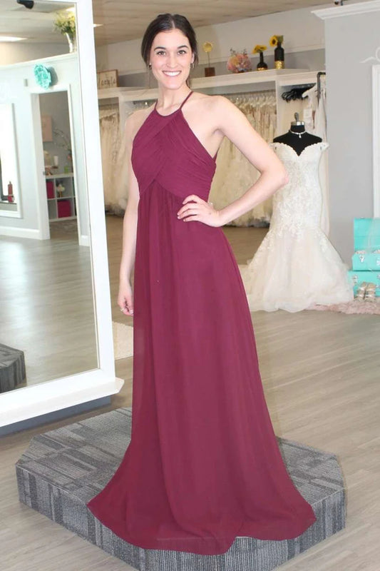 Burgundy Chiffon Halter A-Line Pleats Sleeveless Bridesmaid Dress